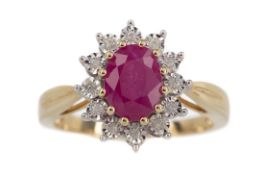 A RUBY AND DIAMOND CLUSTER RING