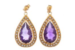 A PAIR OF AMETHYST AND PEARL EARRINGS