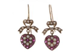 A PAIR OF SPINEL AND PEARL EARRINGS