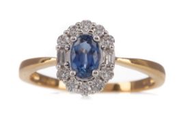 A SAPPHIRE AND DIAMOND CLUSTER RING