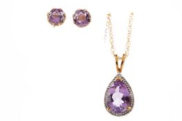 AN AMETHYST AND DIAMOND PENDANT AND EARRING SET