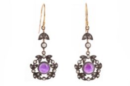 A PAIR OF AMETHYST, DIAMOND AND PEARL EARRINGS