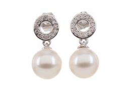 A PAIR OF PEARL AND DIAMOND EARRINGS