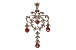 A GARNET, DIAMOND AND PEARL PENDANT