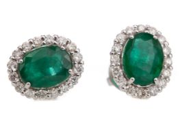 A PAIR OF EMERALD AND DIAMOND EARRINGS