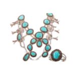 AN IMPORTANT HANDMADE NAVAJO INDIAN SQUASH BLOSSOM TURQUOISE NECKLACE ALONG WITH EARRINGS AND A CUFF