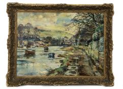 TOW PATH, BALLOCH, AN OIL BY WILLIAM HARVIE GOURLEY