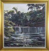 MESSING AROUND ON THE RIVER, A LARGE OIL BY KATHLEEN RUSSELL