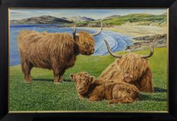 HIGHLAND CATTLE, LUSKENTYRE BEACH, ISLE OF HARRIS, AN OIL BY KEITH BROCKIE