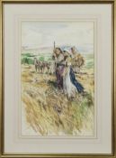 GIRLS IN THE FIELD, A WATERCOLOUR BY GORDON KING