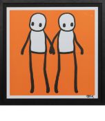 HOLDING HANDS, ORANGE, A LITHOGRAPH BY STIK