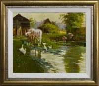 THE WATERING PLACE, AN OIL BY JOHN HASKINS