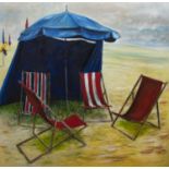 A DAY AT THE BEACH, AN OIL BY JAMES BROWN