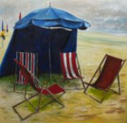 A DAY AT THE BEACH, AN OIL BY JAMES BROWN