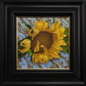 SUNFLOWER ON A BLUE TABLE, AN OIL BY GRAHAM MCKEAN