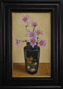 COSMOS FLOWERS IN A JAPANESE VASE, AN OIL BY GRAHAM MCKEAN
