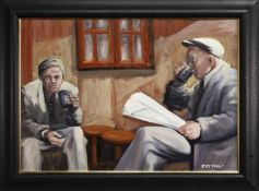 A DRINK AND THE PAPER, AN OIL BY FRANK MCFADDEN