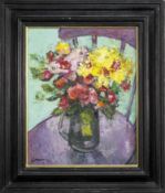 FLOWERS ON A CHAIR, AN OIL BY DES GORMAN