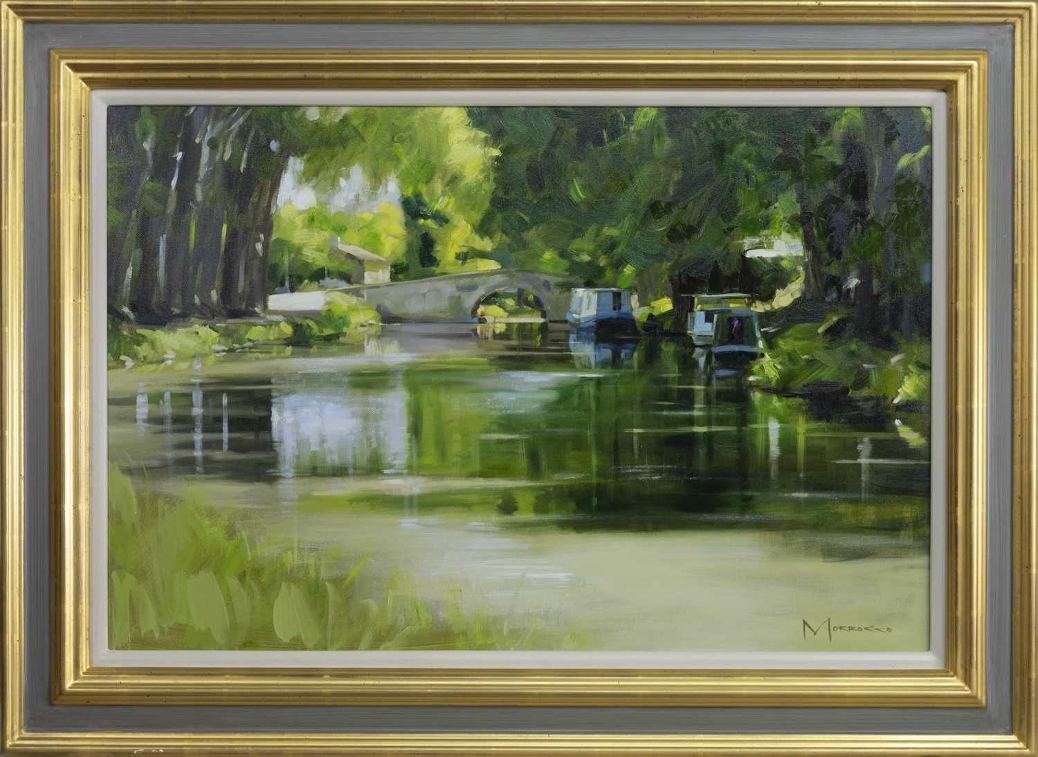 REFLECTIONS, CANAL DU MIDI, NEAR COLOMIERS, AN OIL BY JACK MORROCCO