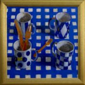 STILL LIFE WITH 4 MUGS AND ORANGE CUTLERY ON A BLUE AND WHITE CLOTH, AN OIL BY JONATHAN CHAPMAN