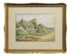 GIRL SKIPPING PAST COTTAGES,, A WATERCOLOUR BY ALEXANDER MOLYNEUX STANNARD