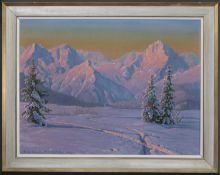 SNOW COVERED MOUNTAINS, AN OIL BY FRIEDRICH ALBIN KOKO-MIKOLETZKY