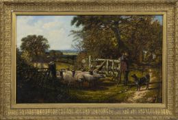 SHEPHERD, DOG & FLOCK BY GATE, AN OIL ATTRIBUTED TO GEORGE WILLIAM MORTE
