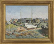 A BOATYARD, AN OIL BY SIDNEY MAIDEN