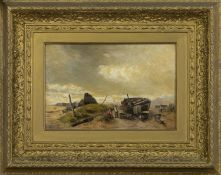 SAT BESIDE A BEACHED BOAT, AN OIL BY JOHN JACK