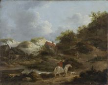 LANDSCAPE WITH COTTAGE, AN OIL BY GEORGE MORLAND