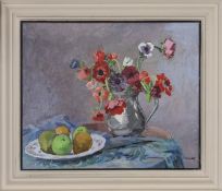 STILL LIFE OF FRUIT AND FLOWERS ON A TABLE TOP, AN OIL BY PHILIP NAVIASKY