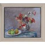 STILL LIFE OF FRUIT AND FLOWERS ON A TABLE TOP, AN OIL BY PHILIP NAVIASKY