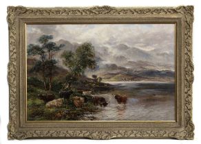 HIGHLAND CATTLE AT THE LOCH, AN OIL BY JAMES ISAIAH LEWIS