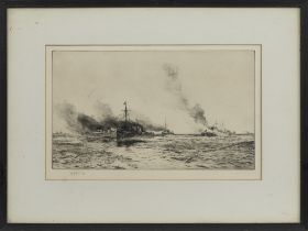 APPROACHING SHIPS, AN ETCHING BY WILLIAM LIONEL WYLLIE
