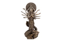 A LATE 19TH/EARLY 20TH CENTURY CHINESE SILVERED FIGURE OF ‘THOUSAND ARMS’ GUANYIN