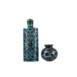 AN EASTERN WHITE METAL AND CLOISONNE ENAMEL SCENT BOTTLE, ALONG WITH A VASE