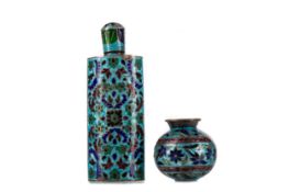 AN EASTERN WHITE METAL AND CLOISONNE ENAMEL SCENT BOTTLE, ALONG WITH A VASE