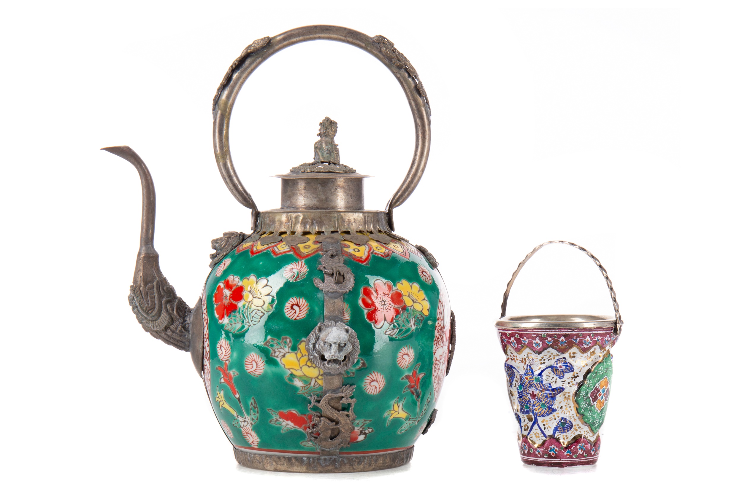 A CHINESE WHITE METAL AND CANTON ENAMEL TUMBLER, ALONG WITH A TEAPOT