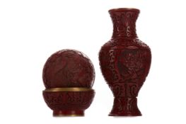A CHINESE CINNABAR LACQUER VASE AND LIDDED BOX