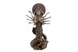 A LATE 19TH/EARLY 20TH CENTURY CHINESE SILVERED FIGURE OF ‘THOUSAND ARMS’ GUANYIN