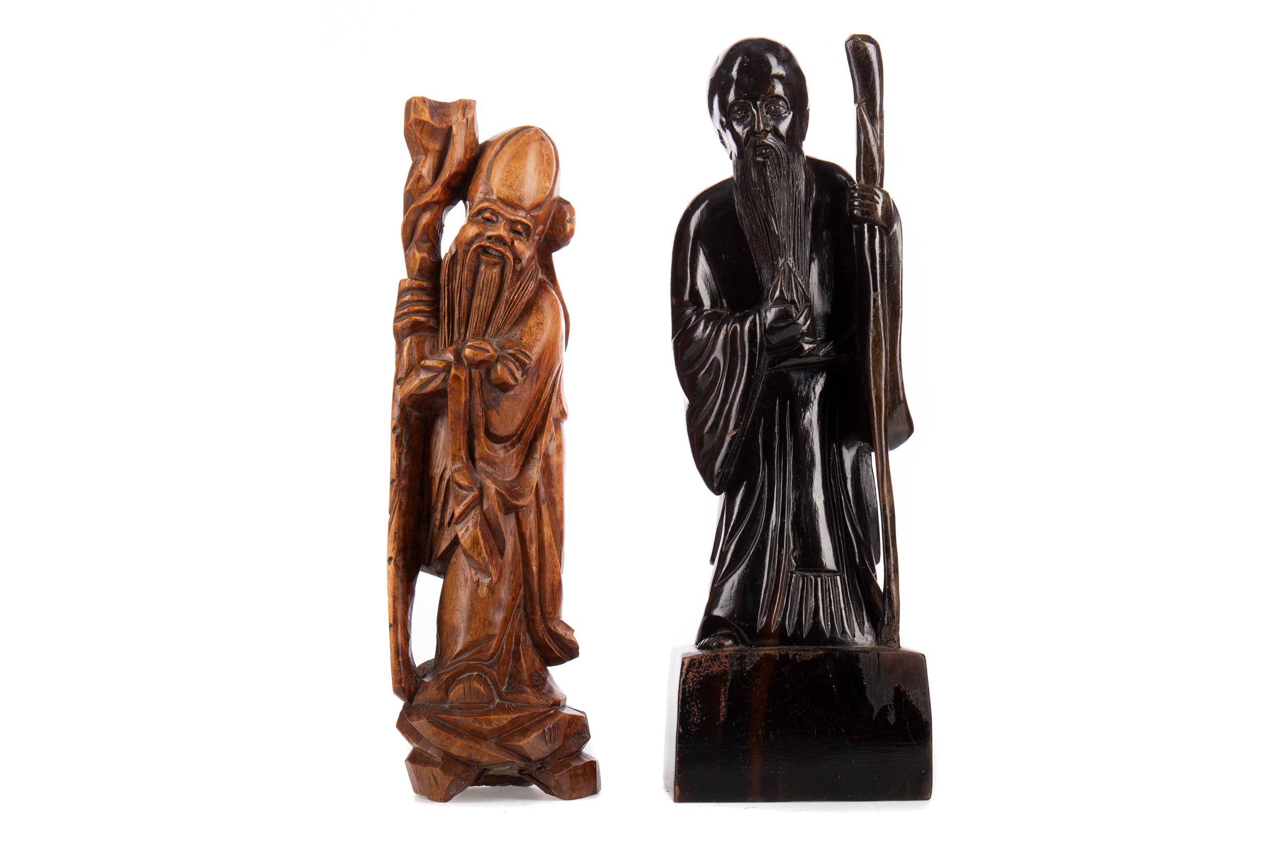 TWO CARVED WOODEN FIGURES OF SHOU LAO