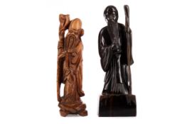 TWO CARVED WOODEN FIGURES OF SHOU LAO