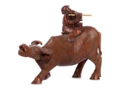 A CHINESE ROSEWOOD BOY ON WATER BUFFALO CARVING WITH A BUFFALO CALF