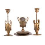 A 19TH CENTURY FRANCO-PERSIAN BRONZE GARNITURE OF AN INKSTAND AND TWO CANDLESTANDS