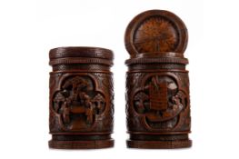 A PAIR OF CHINESE BAMBOO BRUSH POTS/ TOBACCO JARS