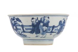 AN 18TH CENTURY CHINESE BLUE AND WHITE PORCELAIN 'BOYS' BOWL