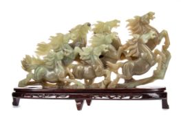 A LARGE CHINESE SOAPSTONE CARVING OF EIGHT HORSES