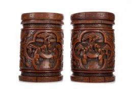 A PAIR OF CHINESE BAMBOO BRUSH POTS/TOBACCO JARS