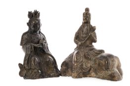 A CHINESE BRONZE STATUE LIKELY DEPICTING XIWANGMU AND A STATUE OF GUANYIN