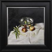 STILL LIFE OF FRUIT IN A SILVER BOWL, AN OIL BY GERARD BURNS